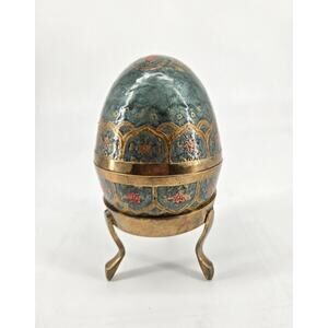 Vintage 80s Brass Enameled Ornate Floral Trinket Box Egg On Stand